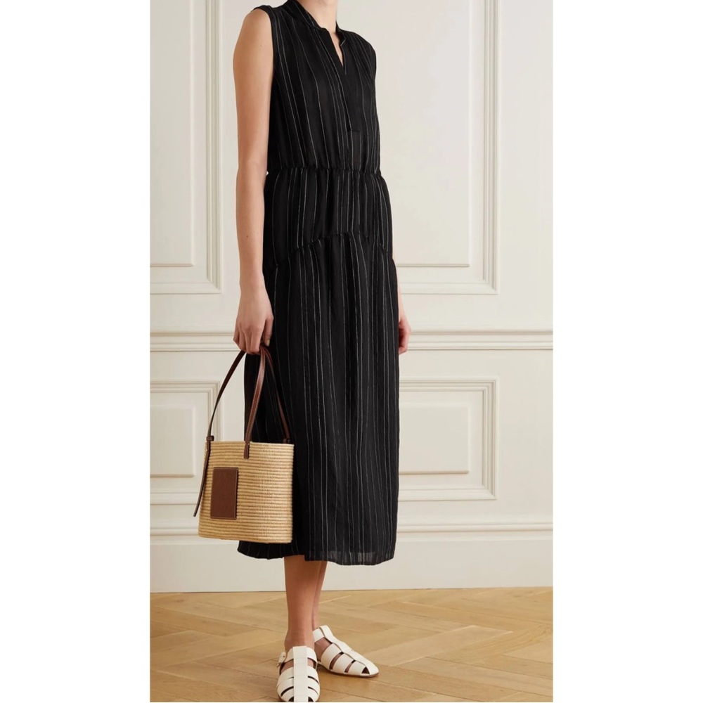 VINCE | $345 Drapey Stripe Tiered Dress in Black/Optic White, Size 2